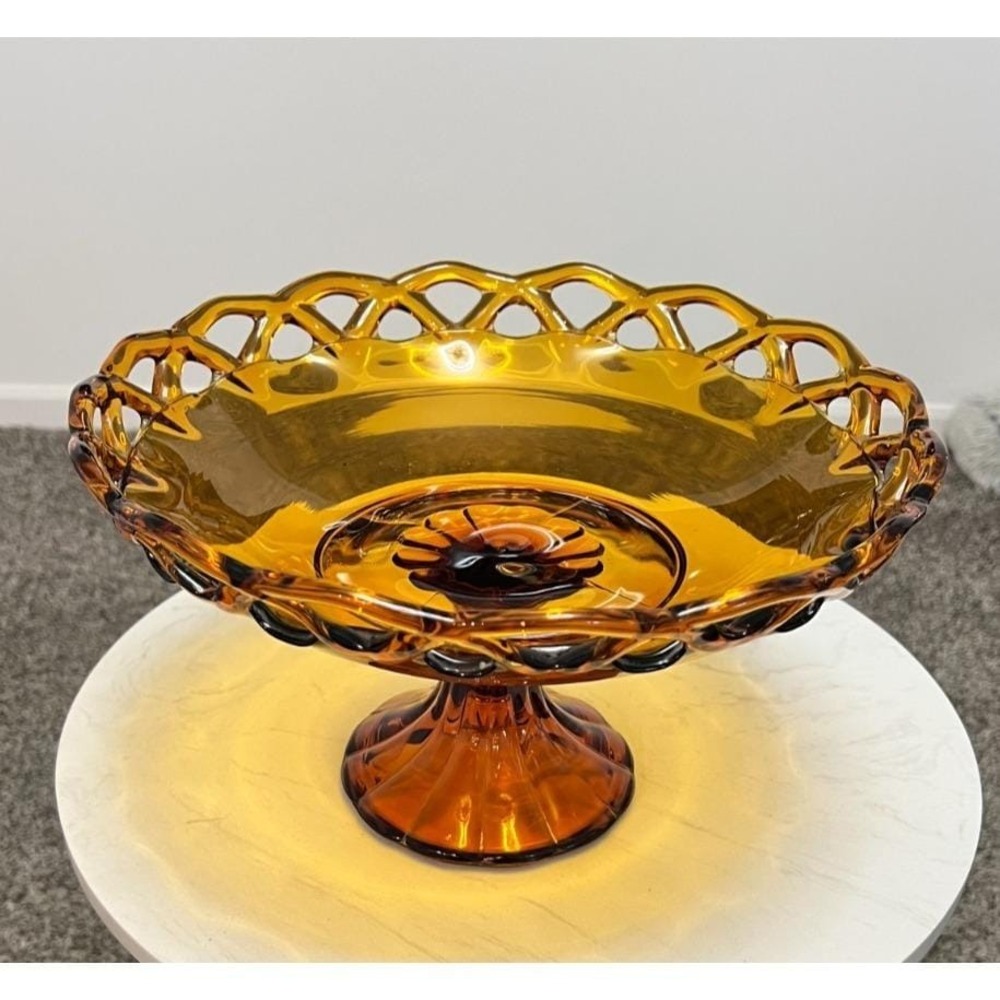 Vtg Imperial‎ Glass Laced Edge Footed Fruit Bowl Pedestal Compote Amber